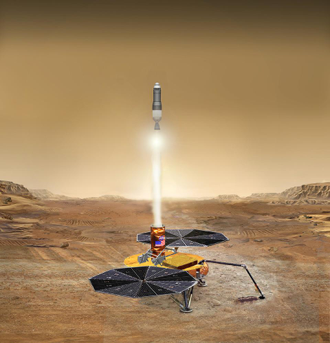 Concept art for a Mars sample return mission consisting of a lander and an ascent vehicle that sends samples back to orbit from the surface. Image: NASA/JPL-Caltech